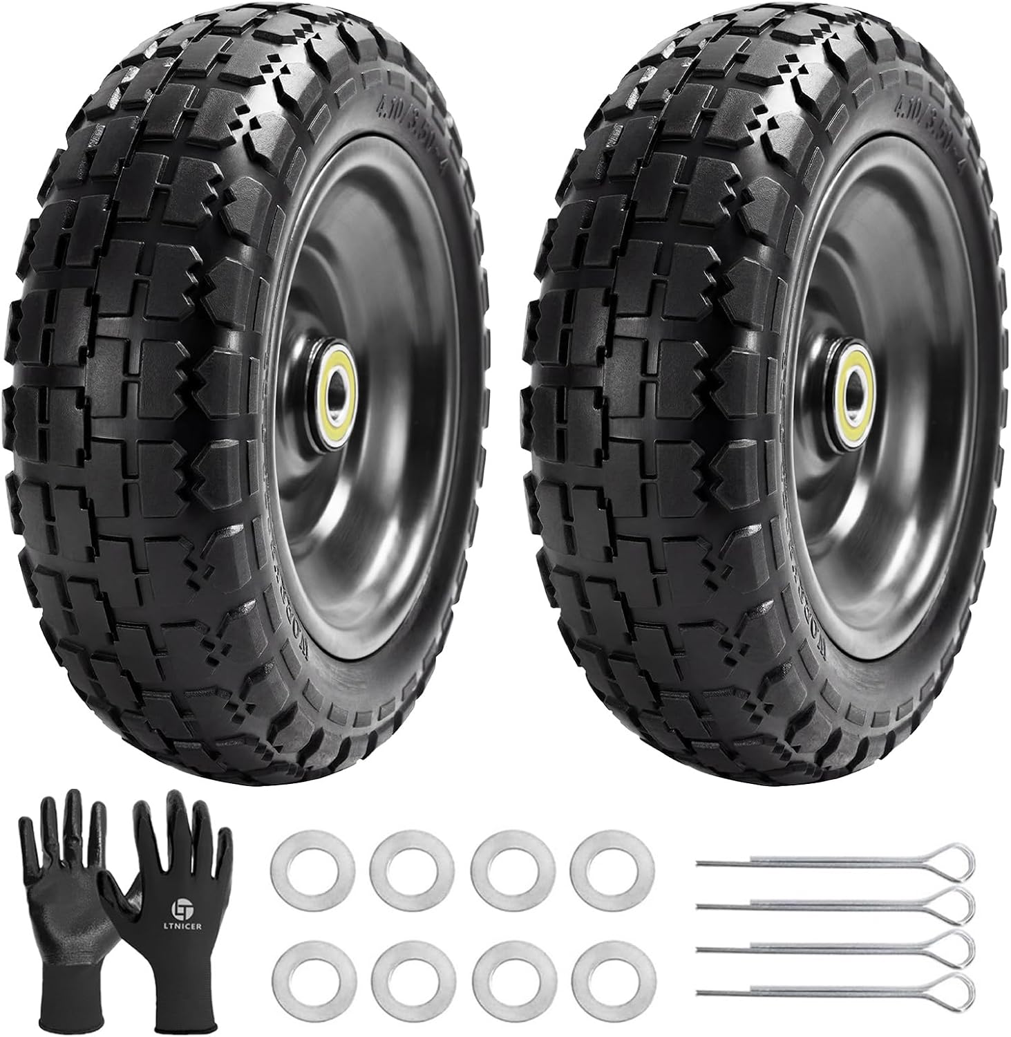 10-Flat-Free-Replacement-Wheels-for-Gorilla-Carts-2-Pack-410350-4.jpg 10" Flat Free Replacement Wheels for Gorilla Carts (2-Pack), 4.10/3.50-4 Solid Tires with 5/8" Axle Bore & 2.1" Offset Hub, Heavy Duty No-Flat Wheels for Garden Carts, Hand Trucks & Wagons - Image 1