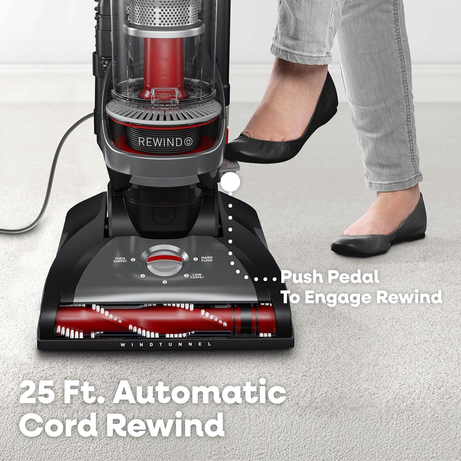 Hoover WindTunnel Cord Rewind Pro Bagless Vacuum Cleaner, Corded Upright Vacuum Cleaner for Carpet and Hard Floor, Multi-Cyclonic Filtration, 25ft Auto-Rewind Cord, 5-Height Adjustment - Image 3