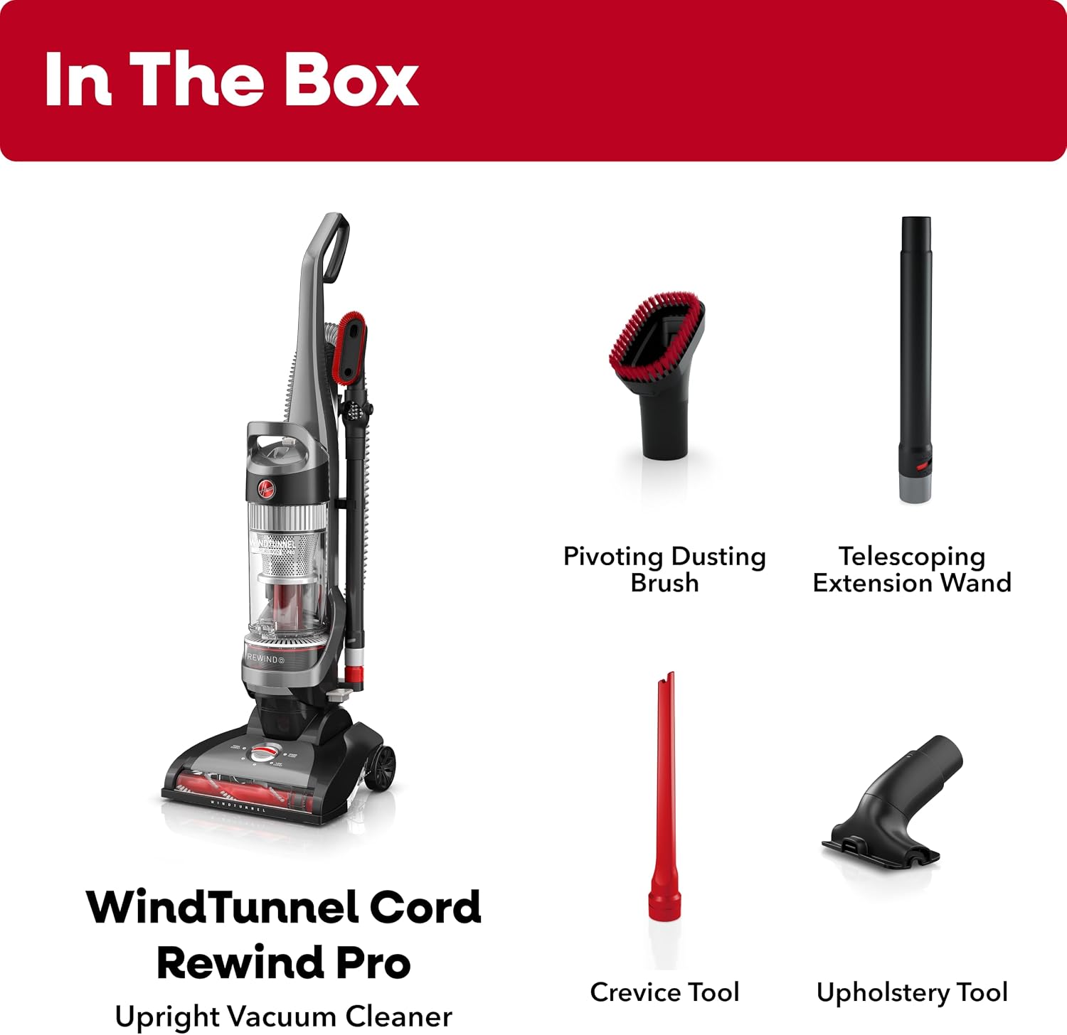 Hoover WindTunnel Cord Rewind Pro Bagless Vacuum Cleaner, Corded Upright Vacuum Cleaner for Carpet and Hard Floor, Multi-Cyclonic Filtration, 25ft Auto-Rewind Cord, 5-Height Adjustment - Image 5