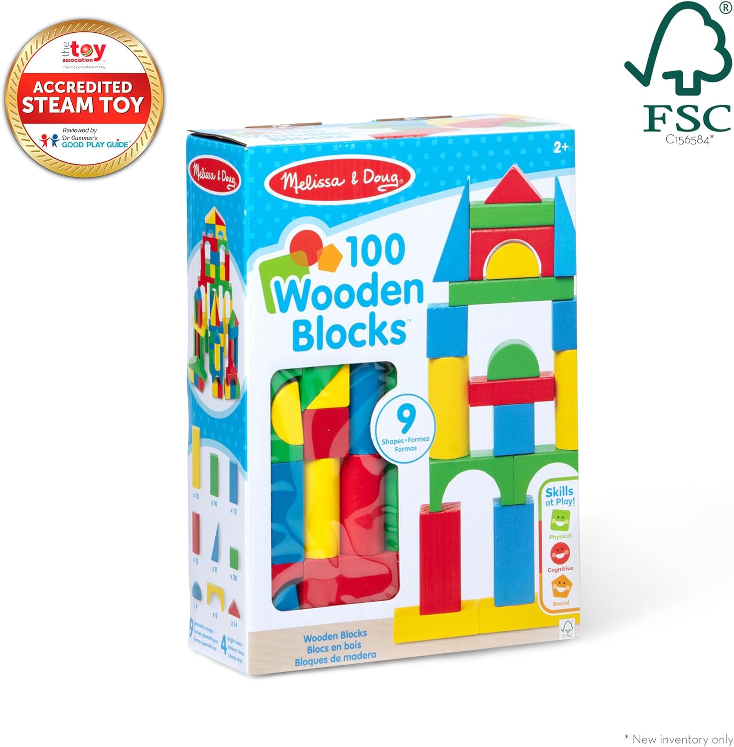 Melissa & Doug Wooden Building Blocks, 100-Piece Set of Sorting & Stacking Toys in 4 Colors and 9 Shapes, Classic Toddler Toys for Girls & Boys Ages 2+ - FSC Certified - Image 3