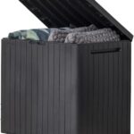 Keter City 30 Gallon Resin Outdoor Storage Box and Patio Furniture Side Table for Pool and Garden Accessories, Dark Grey