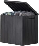 Keter City 30 Gallon Resin Outdoor Storage Box and Patio Furniture Side Table for Pool and Garden Accessories, Dark Grey