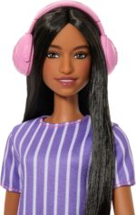 Barbie Fashionistas Doll #245, Autistic Doll Wearing Purple Striped Dress with Accessories Like Fidget Spinner, Tablet and Headphones - Image 3