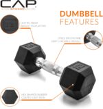 CAP Rubber Coated Dumbbell Weights, Free Weights for Home Gym Strength Training, Anti-Roll Hex Dumbbells with Black, Chrome & Comfort Grip Handles, Singles - Image 3