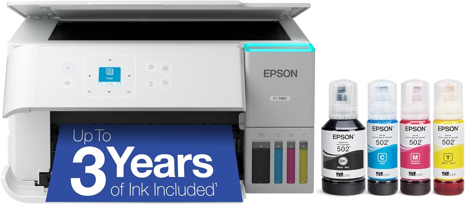 1783577148_Epson-EcoTank-ET-2980-Wireless-All-in-One-Color-Supertank-Printer-with-Refillable.jpg Epson EcoTank ET-2980 Wireless All-in-One Color Supertank Printer with Refillable Ink Tanks, 3 Years of Ink, Mobile Printing, 15 PPM, Color Touchscreen, Auto 2-Sided, White - Image 1