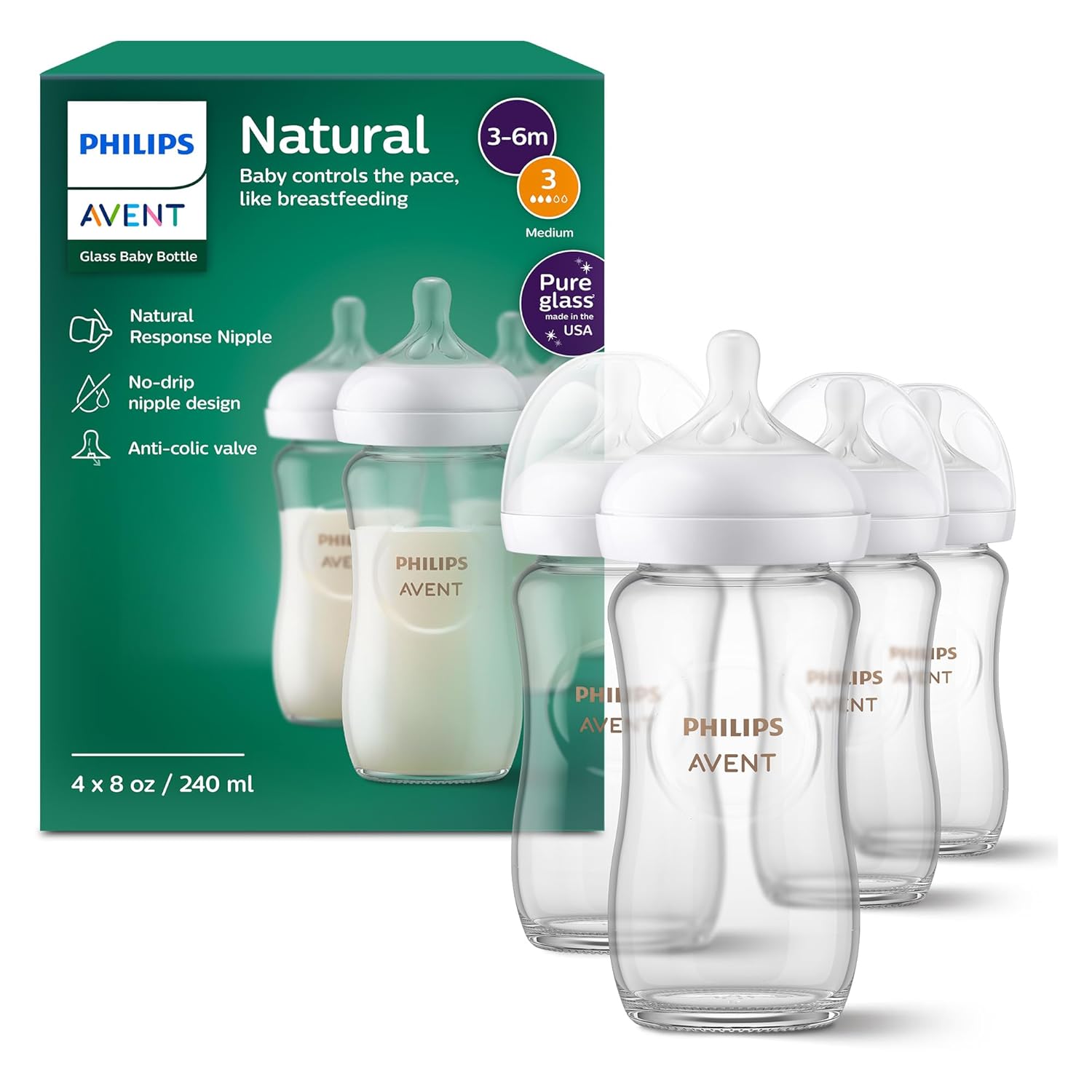 1783614180_Philips-Avent-Natural-Glass-Baby-Bottles-with-Natural-Response-Nipples.jpg Philips Avent Natural Glass Baby Bottles with Natural Response Nipples (Medium Flow, Flow 3), 8oz, 4-Pack, SCY913/04 - Image 1
