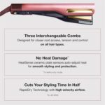 Shark SilkiPro™ Straight | Wet-to-Dry Hair Straightener + Rapid Blow Dryer | 3 Interchangeable Combs | Ultra-Fast Drying | No Heat Damage | for All Hair Types | Rose Petal | HT400PK - Image 4
