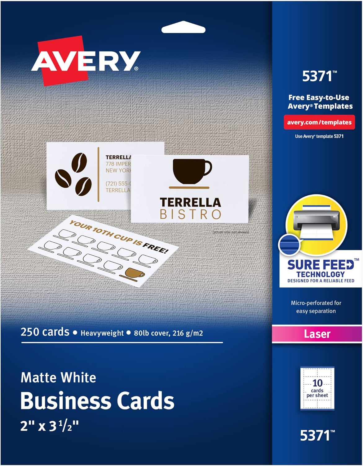 1783812984_Avery-Printable-Business-Cards-with-Sure-Feed-Technology-2-x.jpg Avery Printable Business Cards with Sure Feed Technology, 2" x 3.5", White, 250 Blank Cards for Laser Printers (05371) - Image 1