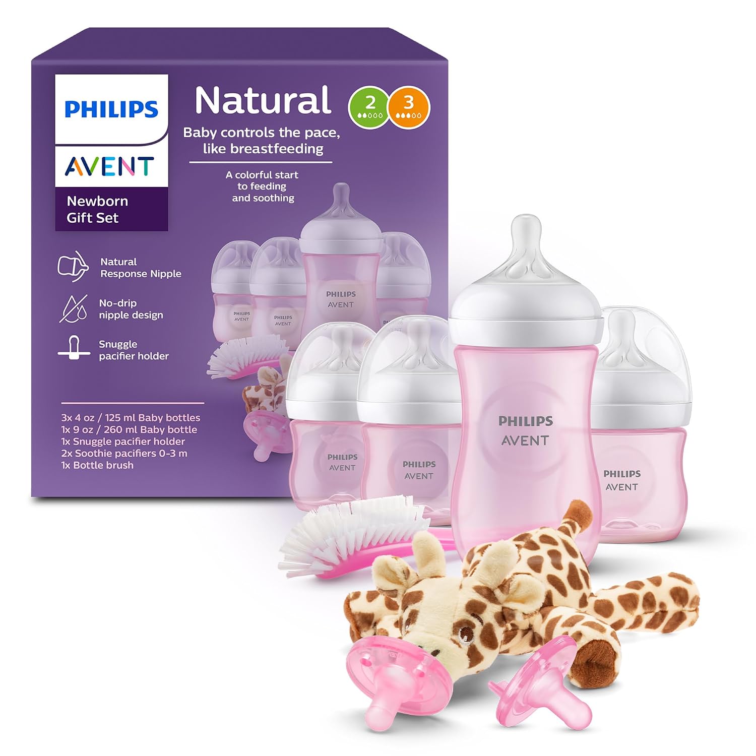 1783974114_Philips-Avent-Natural-Response-Baby-Gift-Set-3X-4oz.jpg Philips Avent Natural Response Baby Gift Set - 3X 4oz Pink Bottles with Slow Flow Nipples (Flow 2), 1x 9oz Pink Bottle with Medium Flow Nipples (Flow 3), 2X Soothie Pacifiers 0-3m, SCD838/03 - Image 1