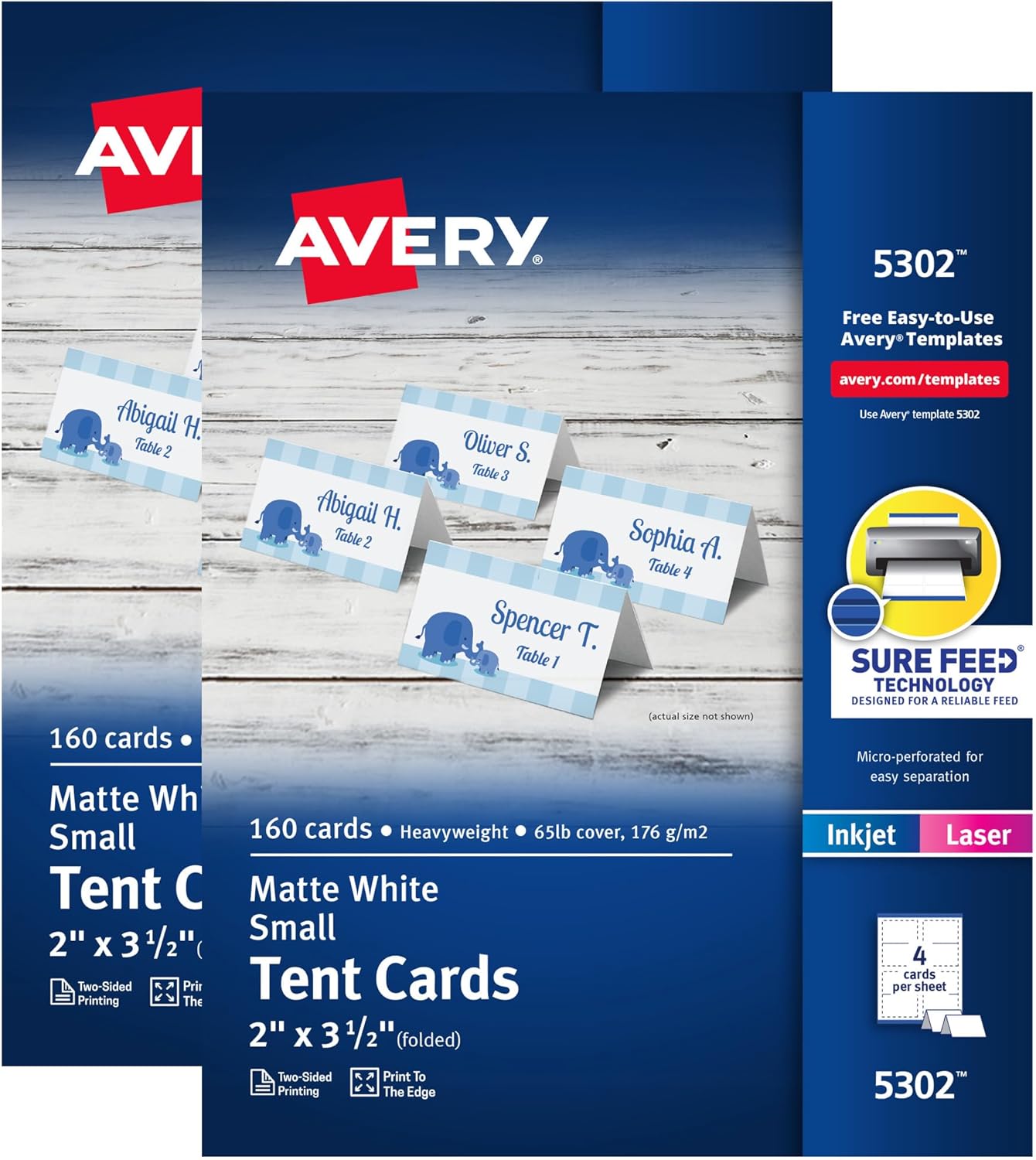 1783983946_Avery-Printable-Tent-Cards-with-Sure-Feed-Technology-2-x.jpg Avery Printable Tent Cards with Sure Feed Technology, 2" x 3.5", Matte White, 2-Pack, Total of 320 Blank Place Cards for Laser or Inkjet Printers (5812) - Image 1