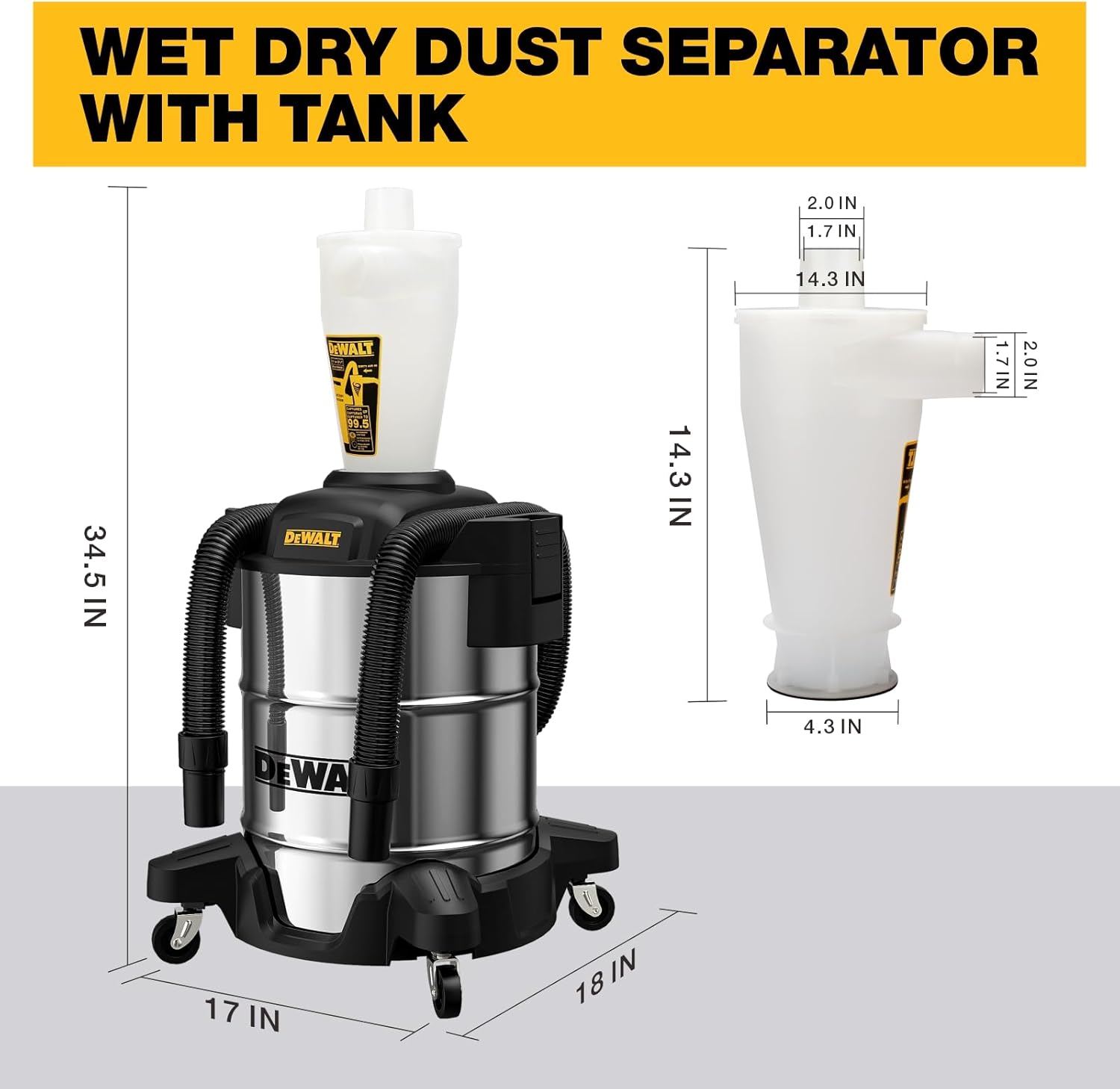 DEWALT Dust Separator with 10 Gallon Stainless Steel Tank, 99.5% Efficiency Cyclone Dust Collector, High-Performance Cycle Powder Collector Filter, DXVCS003, White - Image 4