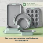Pyrex 3-Piece Metal Cookie Sheet Bakeware Set, Lightweight Stainless Steel Baking Trays with Heatsafe Silicone Handles, Cookie Sheet Baking Pan, Sage - Image 3