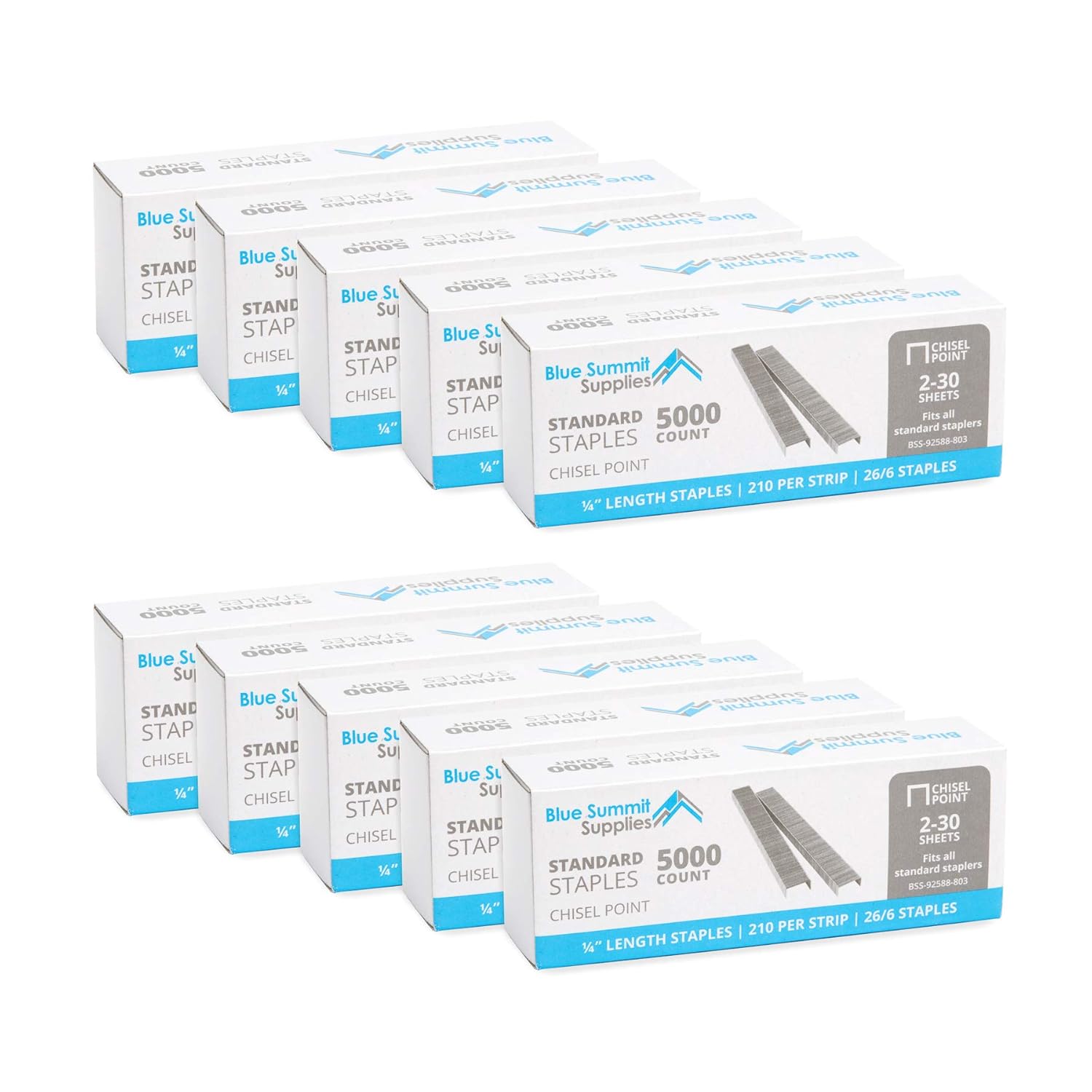 50000-Staples-14-Inch-Length-210-per-Strip-Jam-Free.jpg 50,000 Staples - 1/4 Inch Length, 210 per Strip, Jam-Free Chisel Point, 10 Boxes of 5,000, Fits Standard Staplers - Image 1