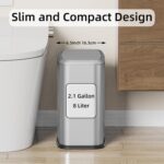 8L/2.1 Gal Small Bathroom Trash Can with Lid, Swing-Top Rectangular Waste Bin, Stainless Steel Garbage Can for Home, Office, Toilet, Bedroom, Living Room (Silver) - Image 2