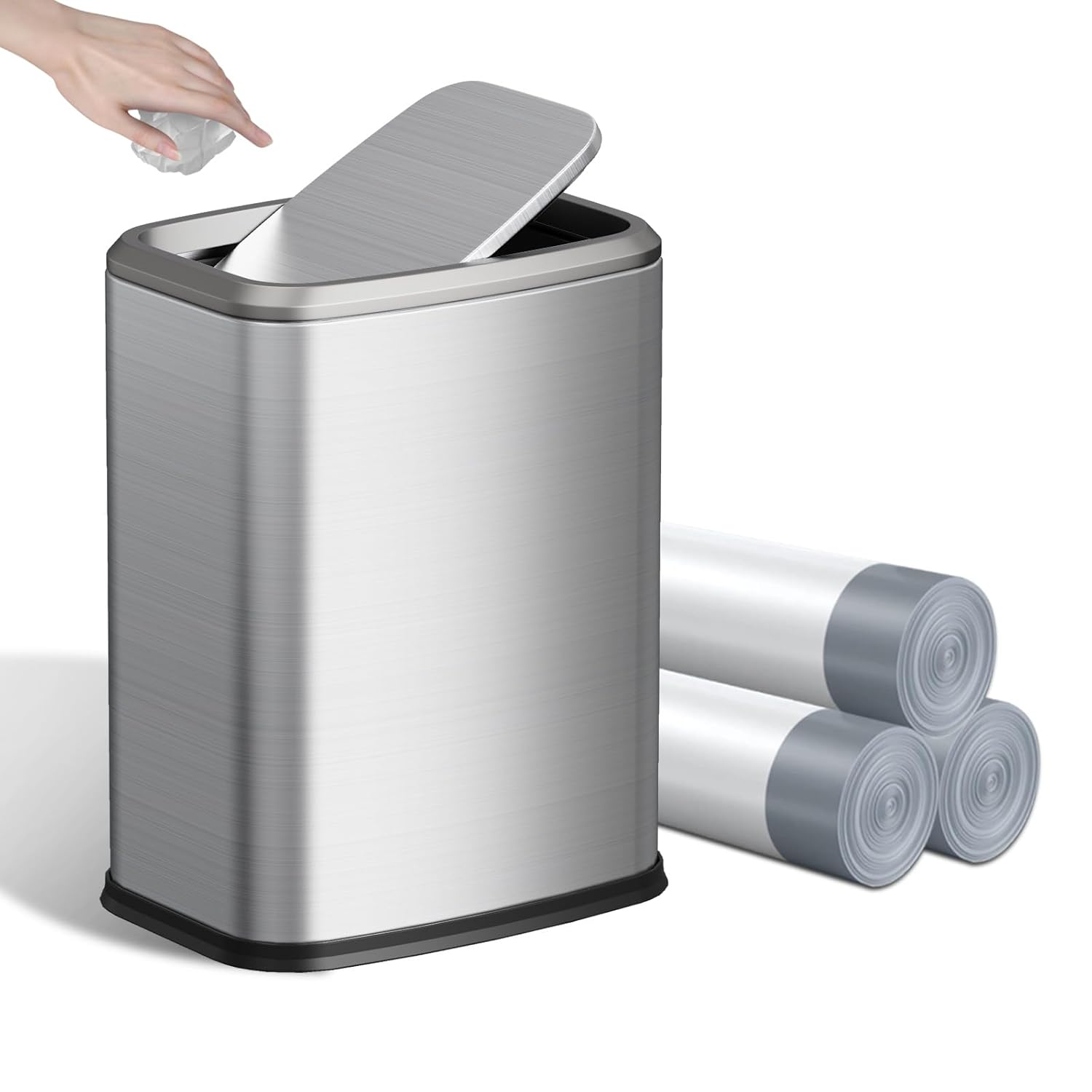8L21-Gal-Small-Bathroom-Trash-Can-with-Lid-Swing-Top-Rectangular.jpg 8L/2.1 Gal Small Bathroom Trash Can with Lid, Swing-Top Rectangular Waste Bin, Stainless Steel Garbage Can for Home, Office, Toilet, Bedroom, Living Room (Silver) - Image 1