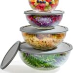 8pc Ribbed Glass Mixing Bowls with Leakproof Airtight Lids - BPA-Free Meal Prep Stackable Space Saving Nesting, Kitchen Baking Food Storage & Serving Containers - Microwave, Freezer, Dishwasher Safe.
