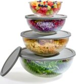 8pc Ribbed Glass Mixing Bowls with Leakproof Airtight Lids - BPA-Free Meal Prep Stackable Space Saving Nesting, Kitchen Baking Food Storage & Serving Containers - Microwave, Freezer, Dishwasher Safe.