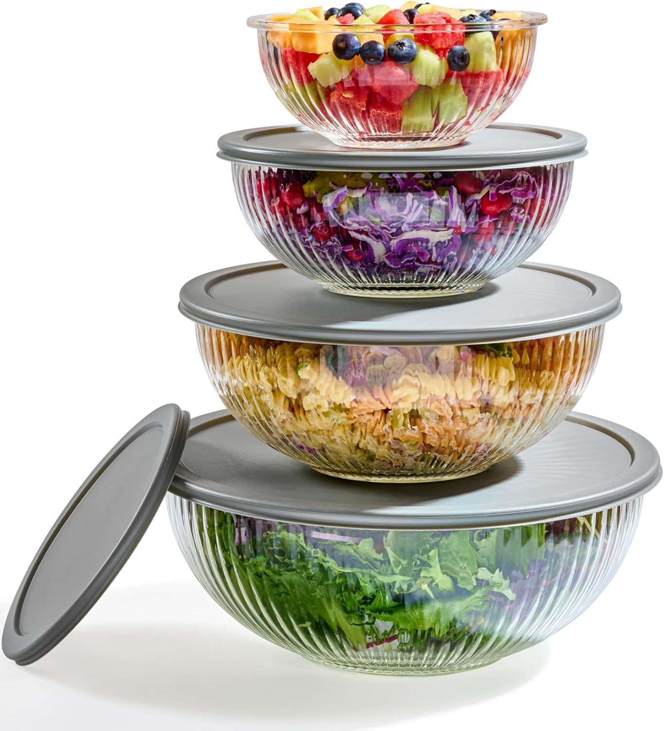 8pc-Ribbed-Glass-Mixing-Bowls-with-Leakproof-Airtight-Lids.jpg 8pc Ribbed Glass Mixing Bowls with Leakproof Airtight Lids - BPA-Free Meal Prep Stackable Space Saving Nesting, Kitchen Baking Food Storage & Serving Containers - Microwave, Freezer, Dishwasher Safe. - Image 1