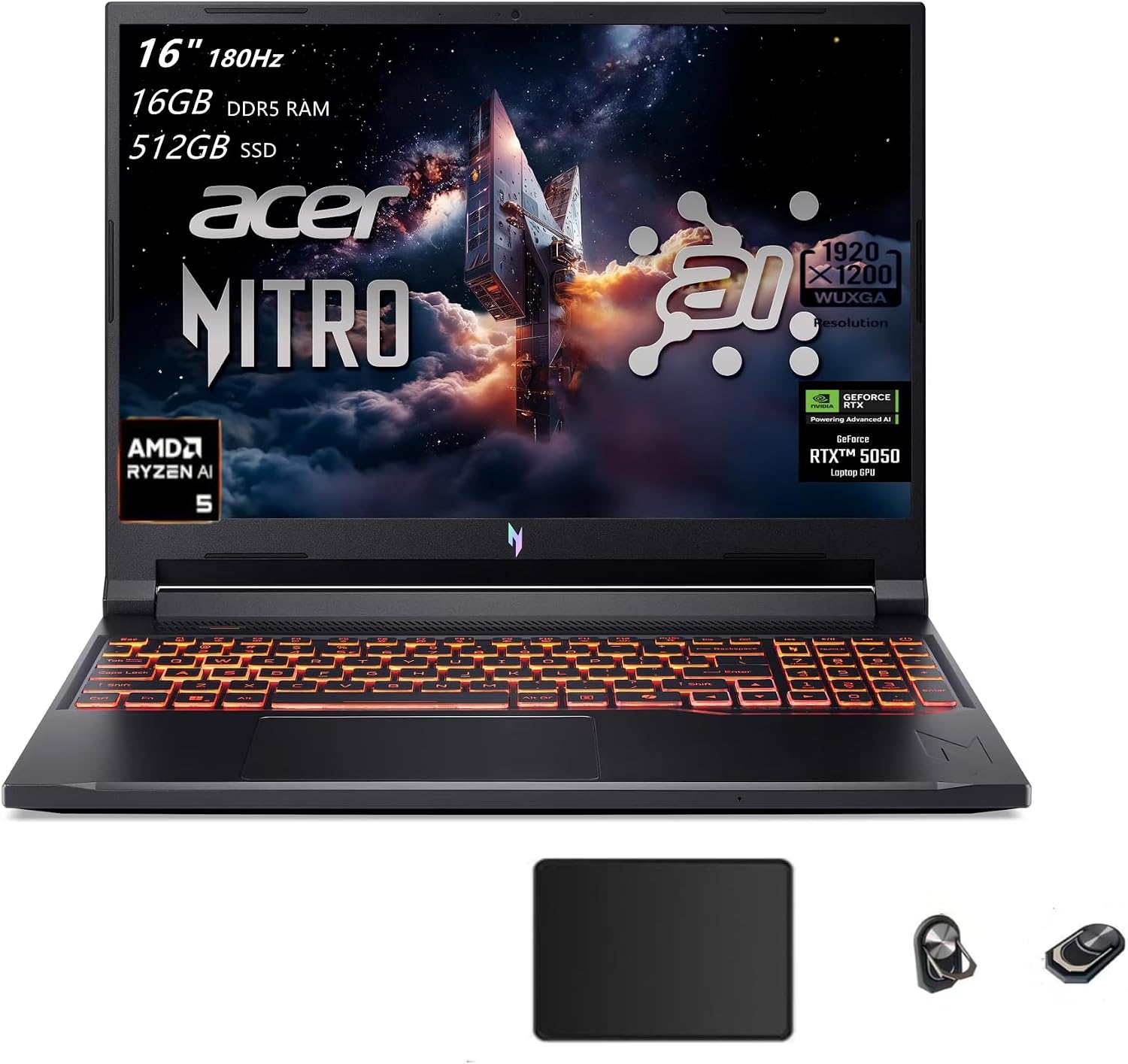 Acer-Nitro-V-16-AI-Gaming-Laptop-16-WUXGA-IPS.jpg Acer Nitro V 16 AI Gaming Laptop, 16" WUXGA IPS 180Hz Display, AMD Ryzen AI 5 240, NVIDIA GeForce RTX 5050 8GB GDDR7 VRAM(Up to 440 AI Tops), 16GB RAM, 512GB, Backlit KB, Win11H, TWE Accessories - Image 1