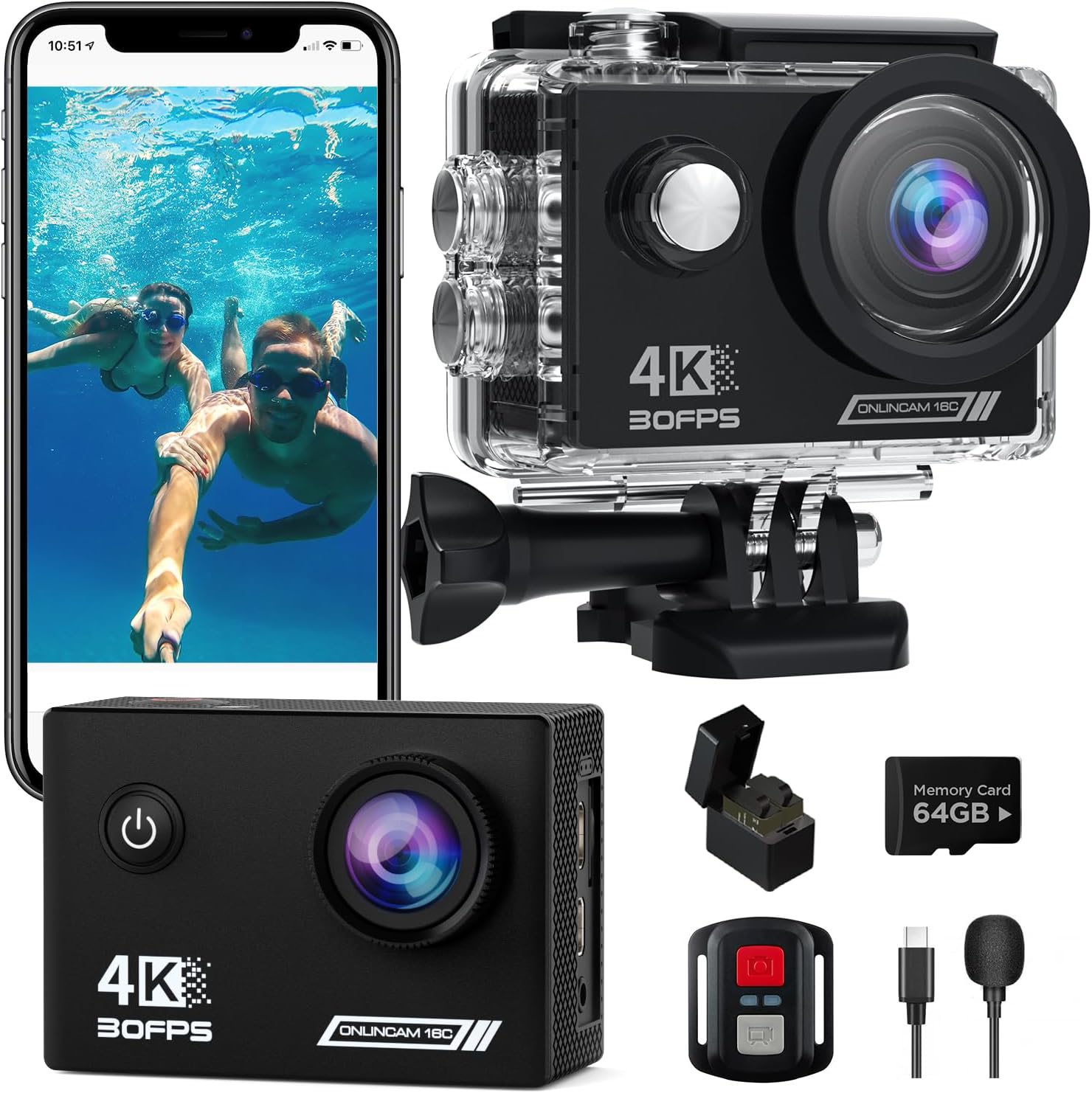Action-Camera-4K30fps-with-64G-SD-CardHD-Waterproof-Camera-131ft.jpg Action Camera 4K30fps with 64G SD Card,HD Waterproof Camera 131ft Underwater Cameras 20MP Pre-recording WiFi Camera 170° Remote Control Sports Cameras with 2 Batteries Helmet Mount Accessories Kits - Image 1