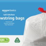 Amazon Basics 13 Gallon Tall Kitchen Drawstring Trash Bags, Flextra Strength, Clean Fresh Scent, Tear Resistant, 0.9 mil Thickness, 10% Post Consumer Recycled, 120 Count