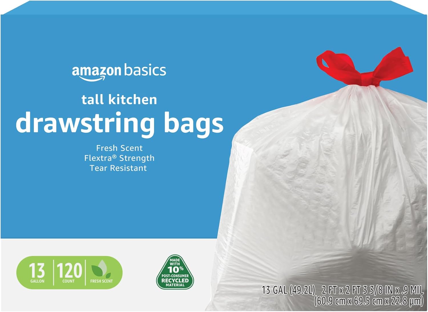 Amazon-Basics-13-Gallon-Tall-Kitchen-Drawstring-Trash-Bags-Flextra.jpg Amazon Basics 13 Gallon Tall Kitchen Drawstring Trash Bags, Flextra Strength, Clean Fresh Scent, Tear Resistant, 0.9 mil Thickness, 10% Post Consumer Recycled, 120 Count - Image 1