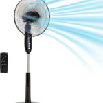 Amazon Basics 16" Pedestal Fan with Remote for Bedroom, Living Room, Office, Adjustable Height, Dual-Layered Blades, 3 Speeds, 3 Modes, Timer, Tilt Head, 60W, Black