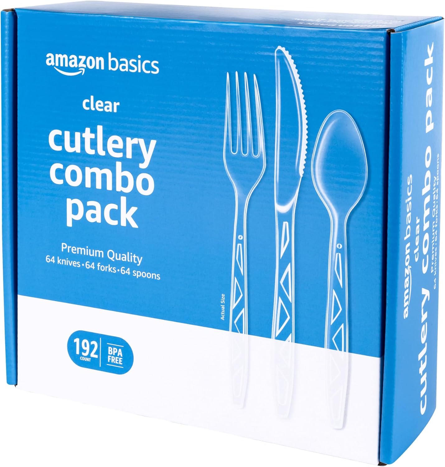 Amazon-Basics-Disposable-Clear-Plastic-Cutlery-Set-Premium-Quality-Strong.jpg Amazon Basics Disposable Clear Plastic Cutlery Set, Premium Quality, Strong, 192 Count, Large Combo Pack Forks, Spoons and Knives - Image 1