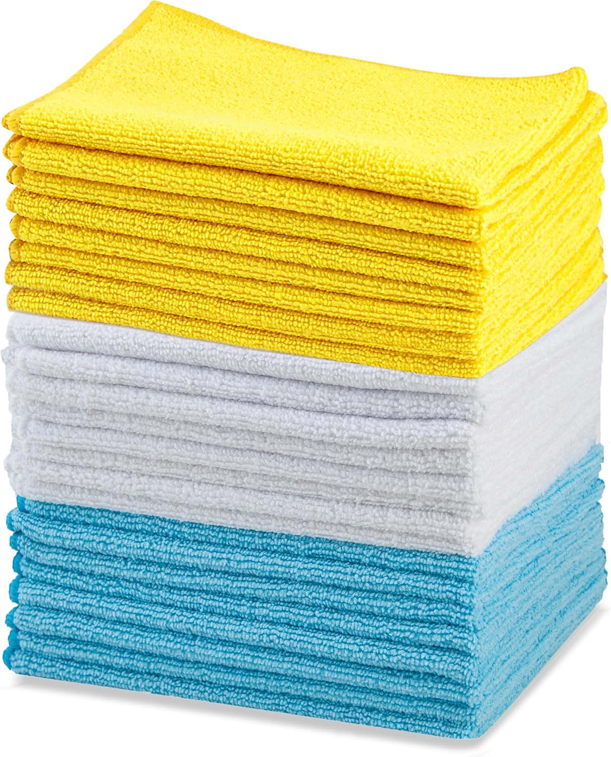 Amazon-Basics-Microfiber-Cleaning-Cloths-Ultra-Absorbent-Lint-Free-Streak.jpg Amazon Basics Microfiber Cleaning Cloths, Ultra Absorbent, Lint Free, Streak Free, Non-Abrasive, Reusable and Washable, 16" x 12", Blue/White/Yellow, Pack of 24 - Image 1