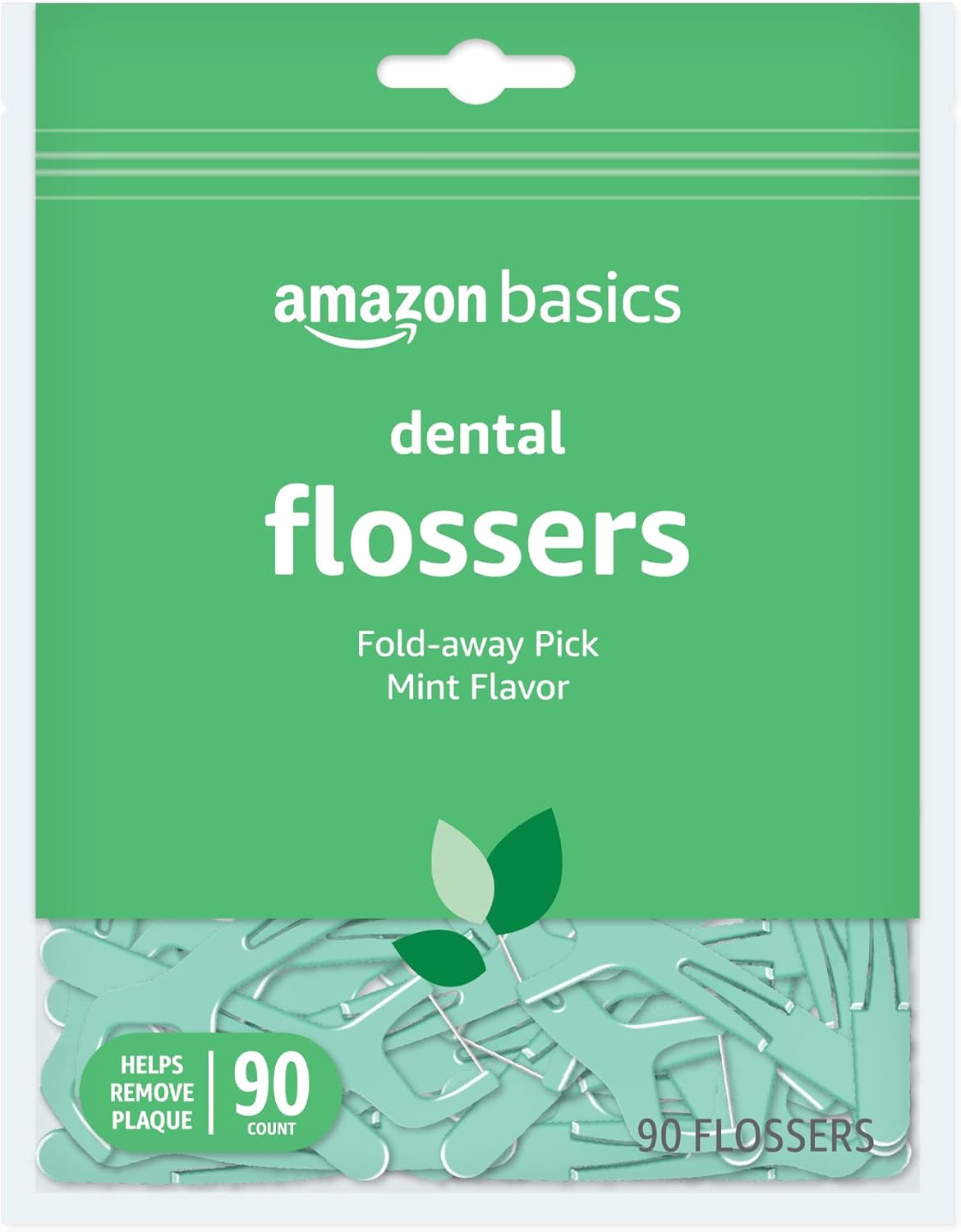 Amazon-Basics-Mint-Dental-Flossers-Shred-Resistant-Slides-Easily-Between.jpg Amazon Basics Mint Dental Flossers, Shred Resistant, Slides Easily Between Teeth, with Fold-Away Pick, 90 Count, 1-Pack (Previously Solimo) - Image 1