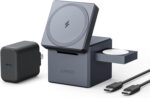 Anker 3-in-1 Cube Wireless Charger, MagSafe Charging Stand, 15W Foldable Fast Charging Station for iPhone 17/16/15, Apple Watch 1-8/Ultra, AirPods (Adapter Included, Non-Battery)