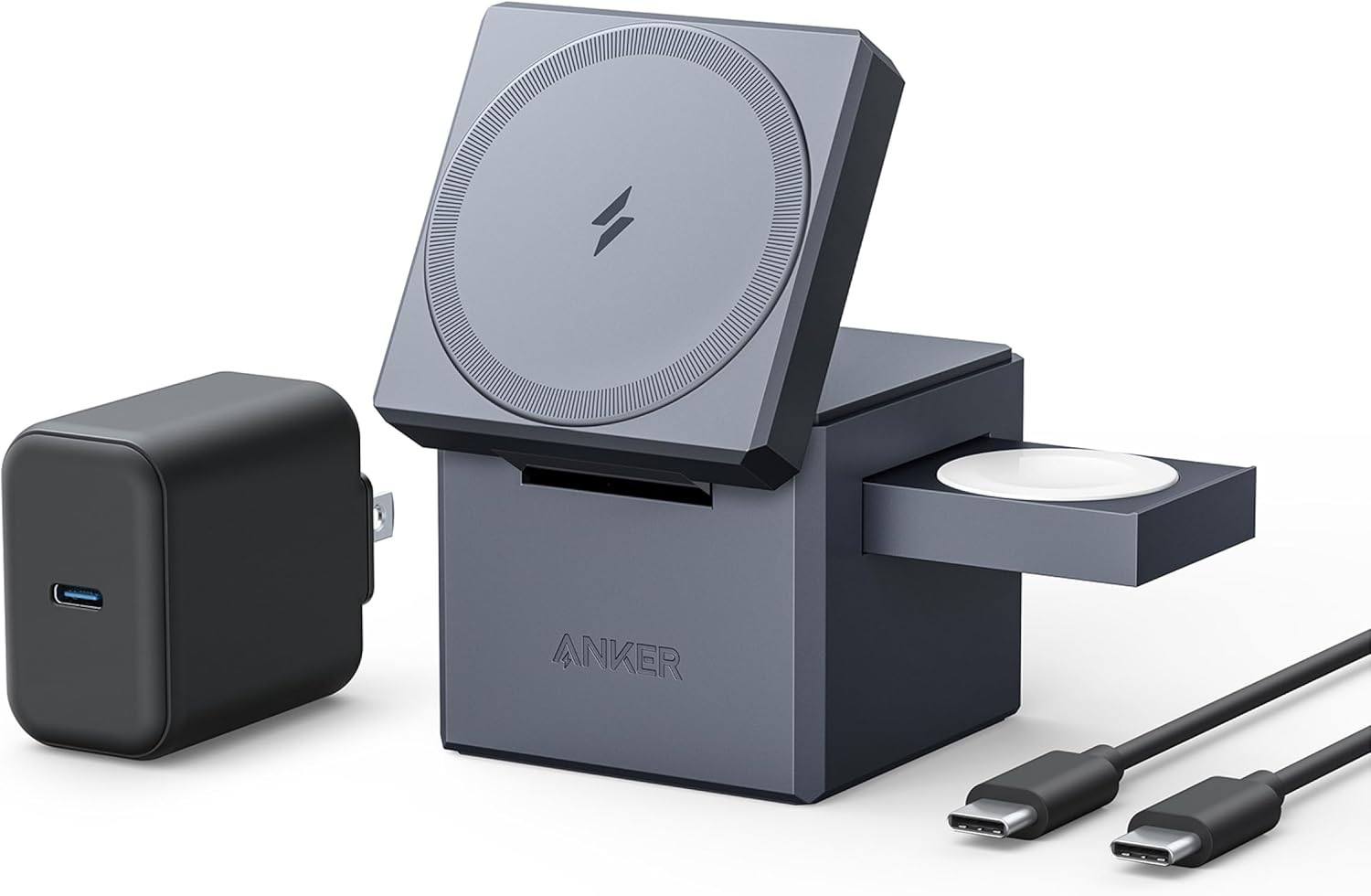 Anker-3-in-1-Cube-Wireless-Charger-MagSafe-Charging-Stand-15W-Foldable.jpg Anker 3-in-1 Cube Wireless Charger, MagSafe Charging Stand, 15W Foldable Fast Charging Station for iPhone 17/16/15, Apple Watch 1-8/Ultra, AirPods (Adapter Included, Non-Battery) - Image 1