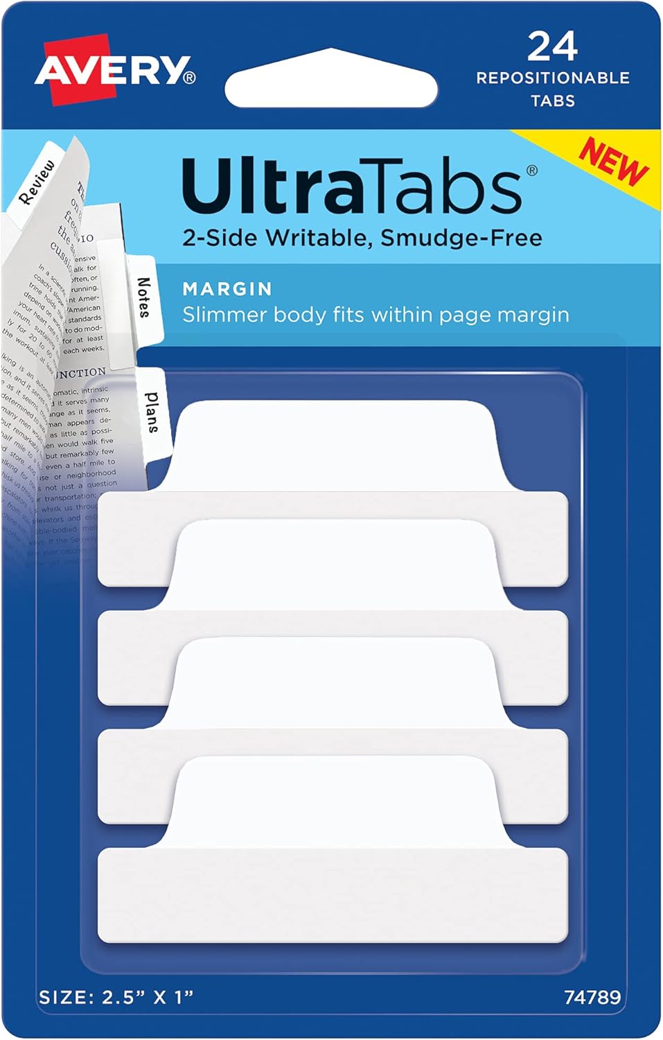 Avery-Margin-Ultra-Tabs-25-x-1-2-Side-Writable-White.jpg Avery Margin Ultra Tabs, 2.5" x 1", 2-Side Writable, White, 24 Repositionable Page Tabs (74789) - Image 1