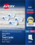 Avery Printable Tent Cards with Sure Feed Technology, 2" x 3.5", White, 160 Blank Place Cards for Laser or Inkjet Printers (5302)