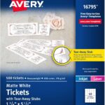 Avery Printable Tickets with Tear-Away Stubs, 1.75" x 5.5", Matte White, 500 Blank Tickets for Laser and Inkjet Printers (16795)