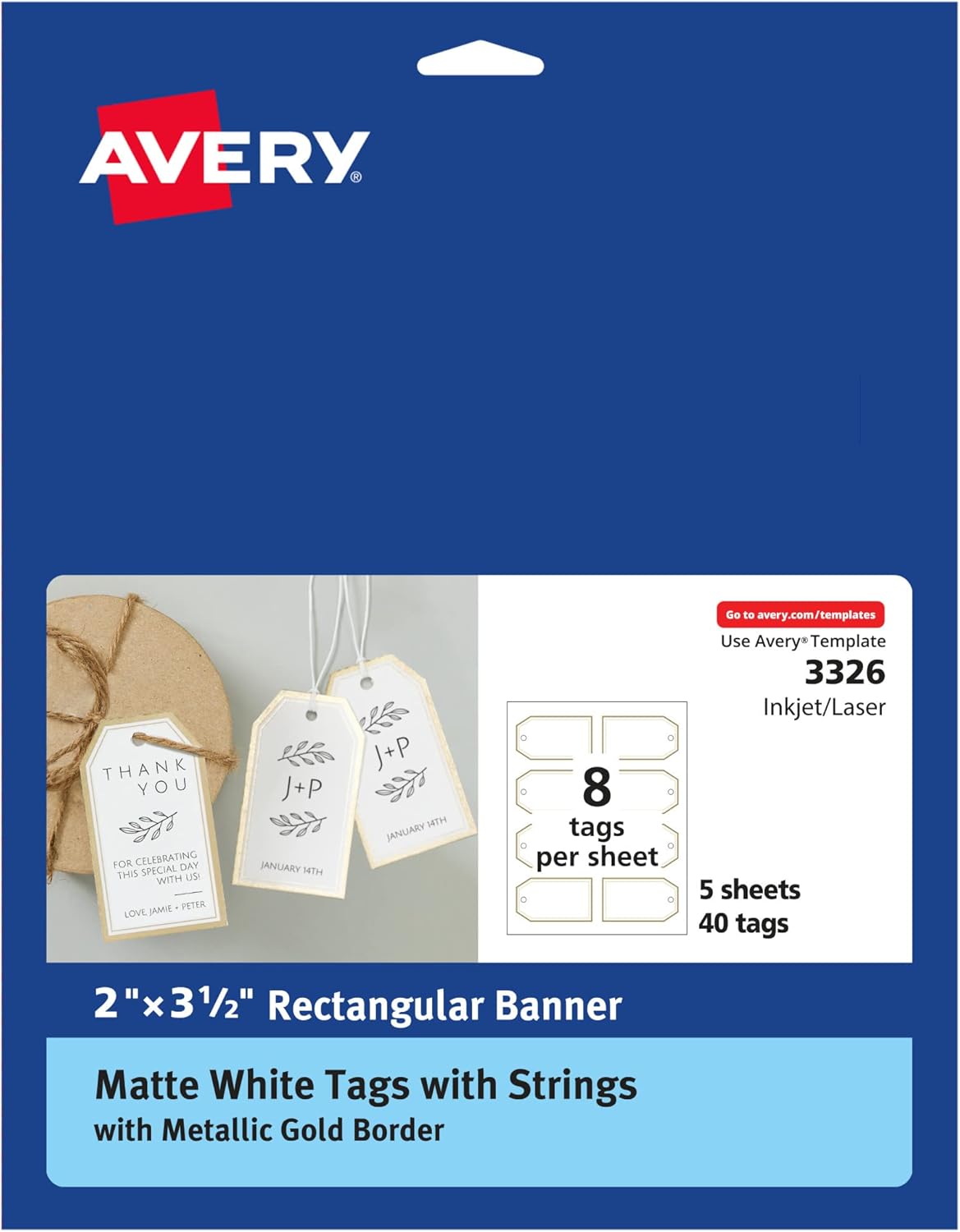 Avery-Tags-with-Metallic-Gold-Borders-and-Strings-2-x.jpg Avery Tags with Metallic Gold Borders and Strings, 2" x 3.5", 40 Total, Laser/Inkjet Printable Tags (3326) - Image 1