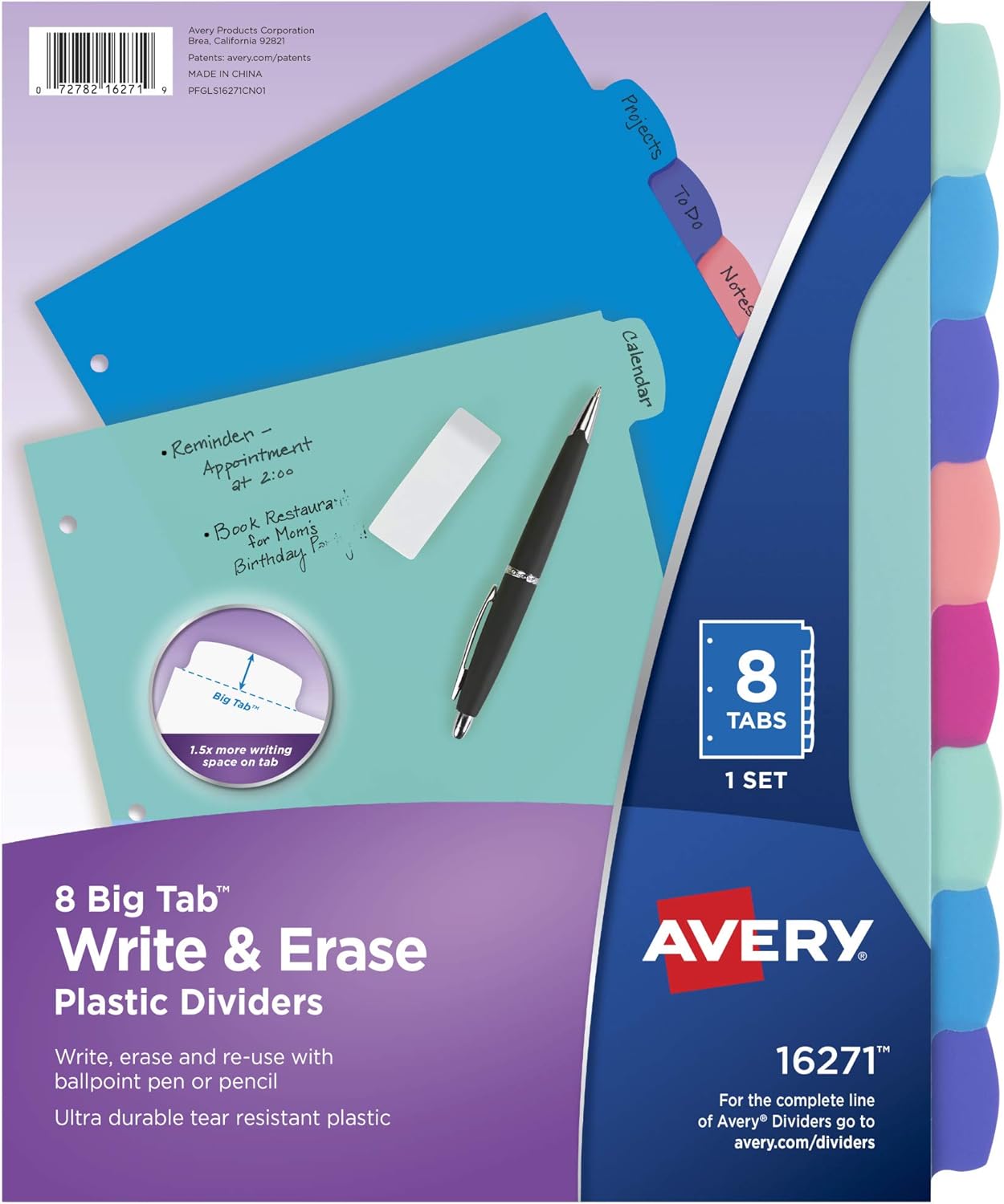 Avery-Write-Erase-Dividers-for-3-Ring-Binders-8.jpg Avery Write & Erase Dividers for 3 Ring Binders, 8 Tabs per Set, Multicolor Big Tabs, Pastels, Binder Dividers Great for Organizing Reports, Projects, and More (16271) - Image 1