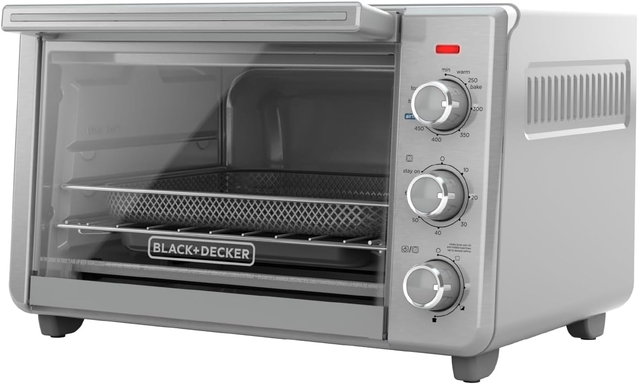 BLACKDECKER-Crisp-N-Bake-Air-Fryer-Countertop-Convection-Toaster-Oven.jpg BLACK+DECKER Crisp 'N Bake Air Fryer Countertop Convection Toaster Oven, Large Capacity, 6-Slice, 5-in-1, Fits 12” Pizza, 60-Min Timer, Bake, Broil, Air Fry, Toast, Keep Warm, Stainless Steel - Image 1