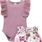Baby Girl Clothes Infant Summer Outfits Set Ruffle Sleeve Romper and Floral Shorts with Headband