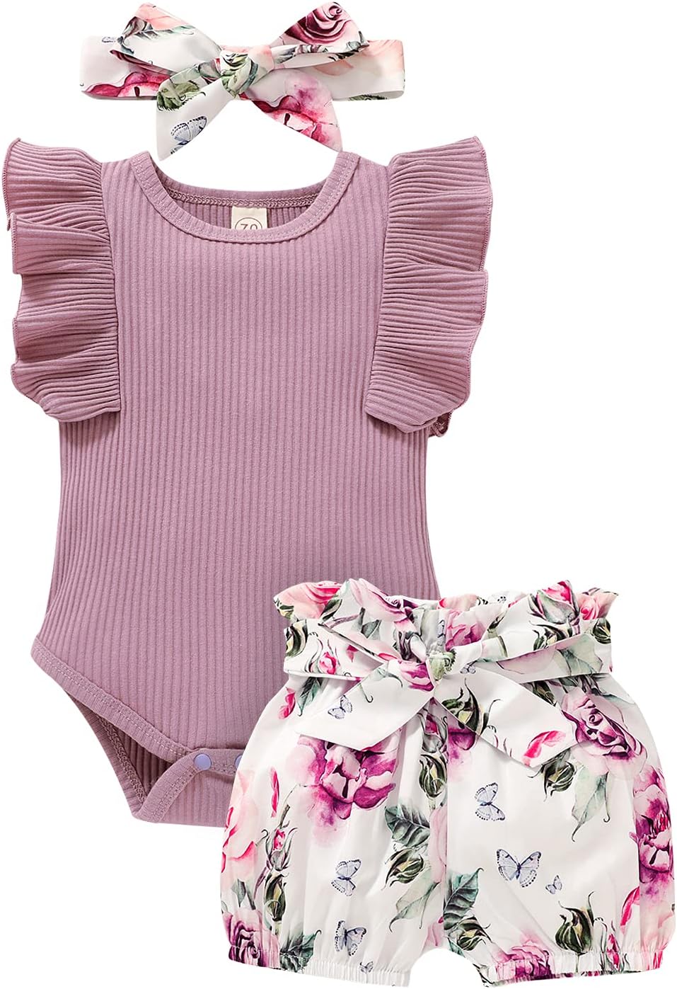 Baby-Girl-Clothes-Infant-Summer-Outfits-Set-Ruffle-Sleeve-Romper.jpg Baby Girl Clothes Infant Summer Outfits Set Ruffle Sleeve Romper and Floral Shorts with Headband - Image 1