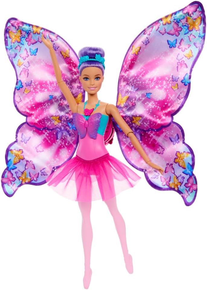 Barbie-Dance-and-Flutter-Doll-with-2-in-1-Transformation-from-Dancer.jpg Barbie Dance and Flutter Doll with 2-in-1 Transformation from Dancer to Butterfly with Opening Wings, Purple Hair, Headpiece & Removable Tutu | Transforms from dancer to butterfly with opening wings, purple hair, floral headpiece & removable tutu. - Image 1