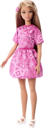 Barbie Fashionistas Style Doll #249 with Blonde Hair, Wearing Pink Paisley Skirt, Pink Paisley Shirt, White Platform Sandals