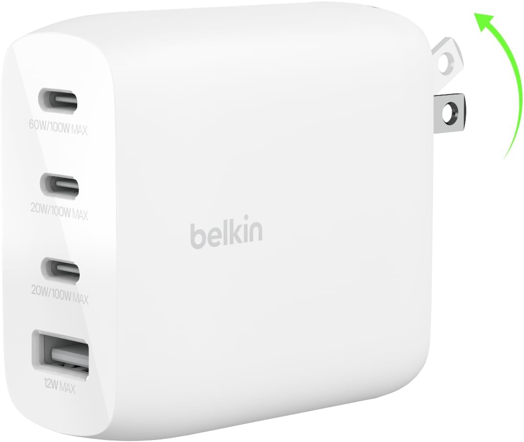 Belkin-112W-4-Port-GaN-USB-C-Charger-Block-USB-C-Power.jpg Belkin 112W 4-Port GaN USB C Charger Block, USB-C Power Delivery Super Fast Charging & USB-A Port, MacBook, Samsung Galaxy S26, Apple iPhone 17, Air, iPad, Google Pixel, Nintendo Switch 2, etc., White - Image 1