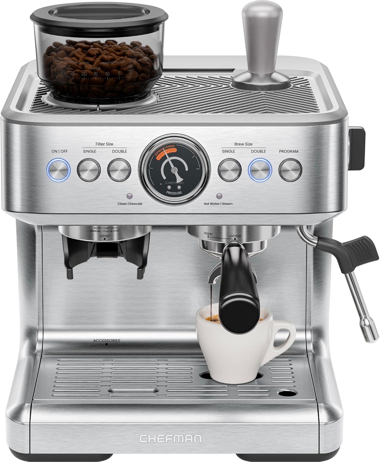 Chefman-Crema-Supreme-15-Bar-Espresso-Machine-with-Milk-Frother.jpg Chefman Crema Supreme 15 Bar Espresso Machine with Milk Frother, Barista Steam Wand, Professional Coffee Maker with Coffee Grinder, 30 Grind Settings, 3L Removable Water Tank - Stainless Steel - Image 1