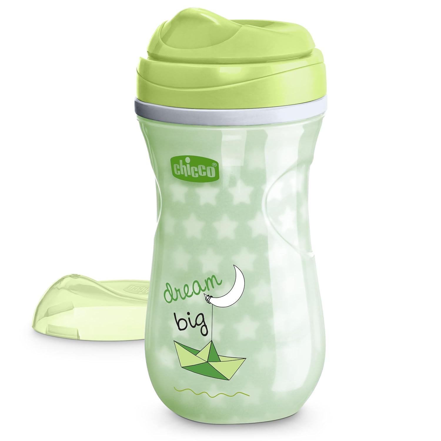 Chicco-Insulated-Sippy-Cup-12-Months-9oz-Glow-in-the-Dark-Toddler-Training.jpg Chicco Insulated Sippy Cup 12+ Months, 9oz Glow-in-the-Dark Toddler Training Cup with Bite Resistant No-Spill Rim Spout, Double-Wall, BPA Free, Green - Image 1