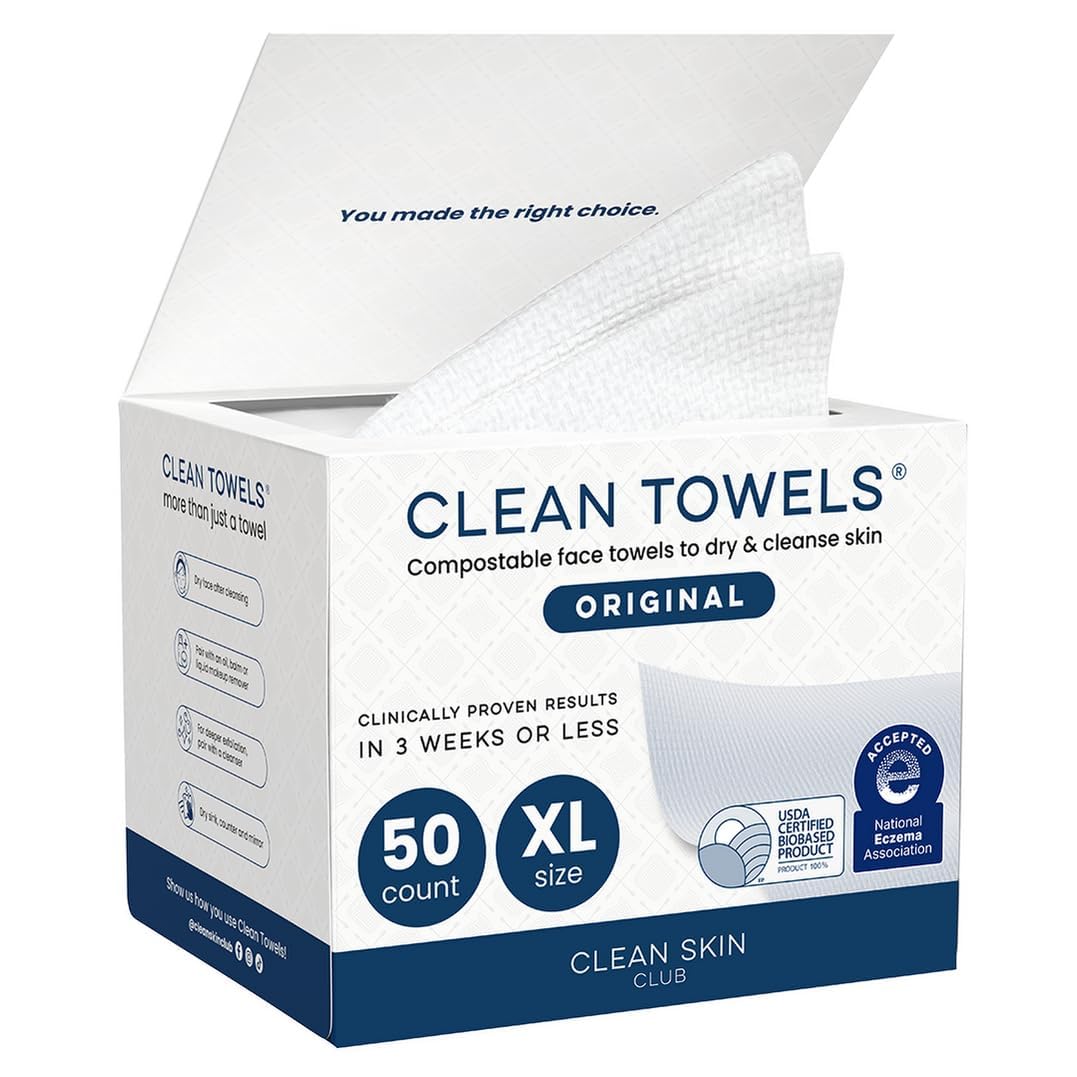 Clean-Skin-Club-Clean-Towels-XL®-100-USDA-Biobased-Face.jpg Clean Skin Club Clean Towels XL®, 100% USDA Biobased Face Towel, Disposable Face Towelette, Eczema Association Accepted, Makeup Remover Dry Wipes, Ultra Soft, 1 Pack, 50 Ct - Image 1
