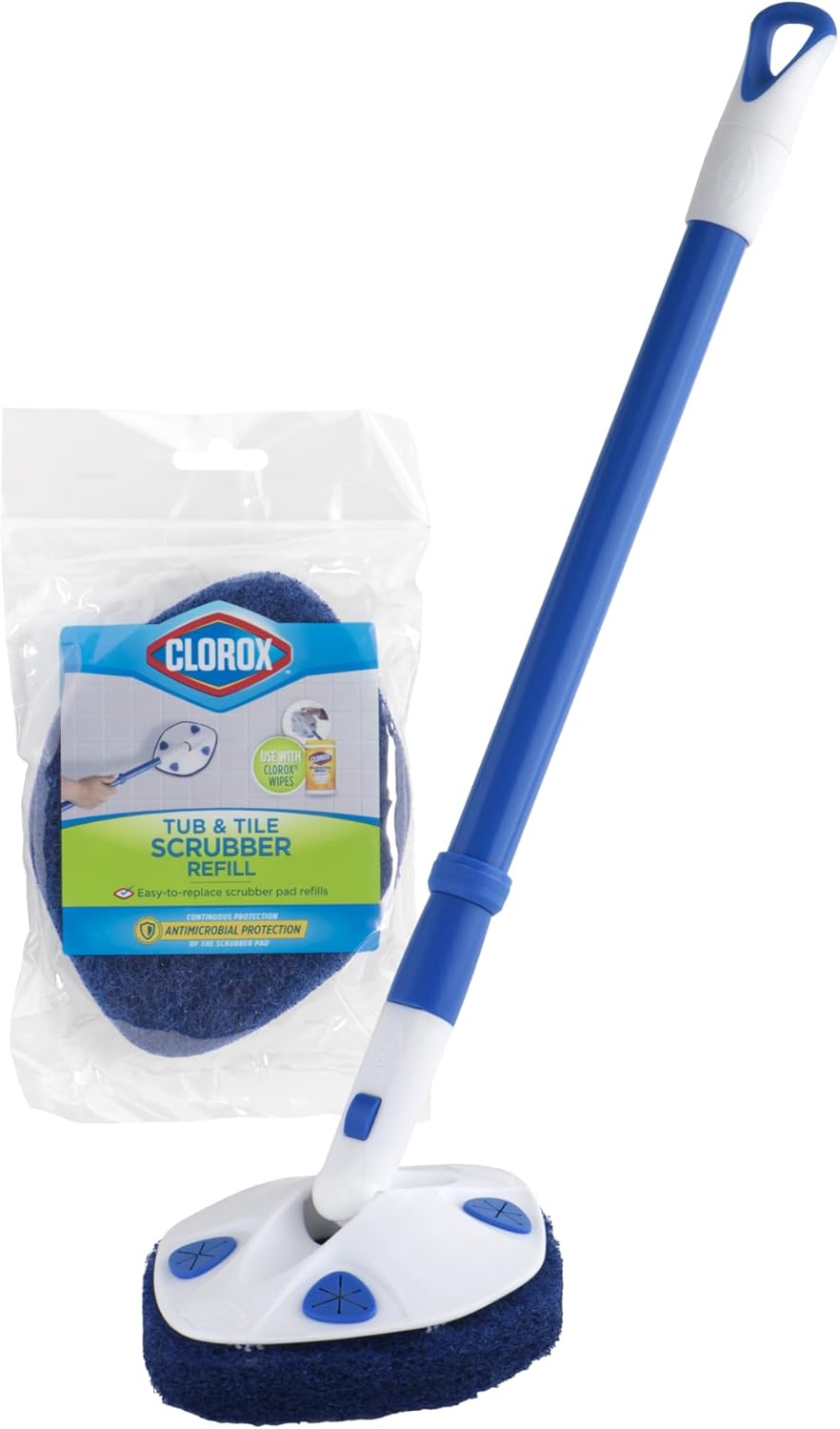 Clorox-Extendable-Tub-Tile-Scrubber-with-Polyurethane-Head-–.jpg Clorox Extendable Tub & Tile Scrubber with Polyurethane Head – Heavy Duty Bathroom Cleaning Brush with Bonus Refill, Pivoting Head, Replaceable Pad, Works with Clorox Wipes - Image 1
