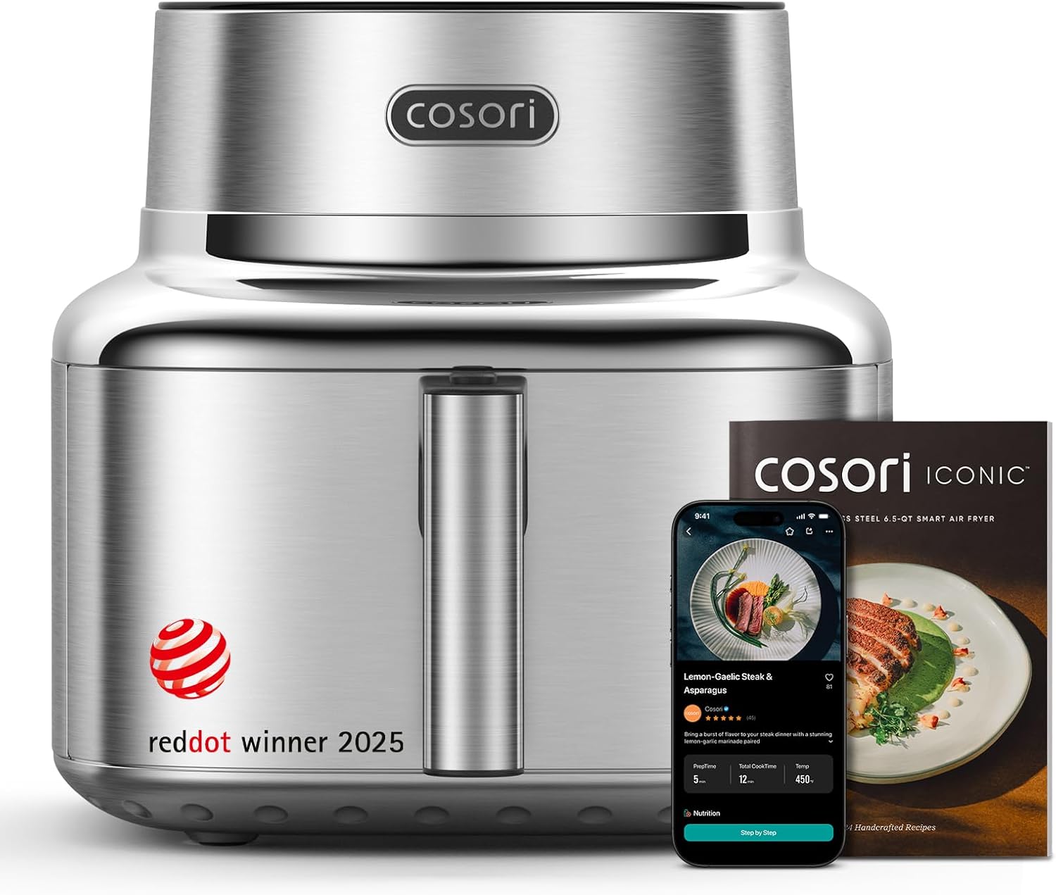 Cosori-Iconic-Stainless-Steel-65-Qt-Smart-Air-Fryer-PFAS-Free.jpg Cosori Iconic Stainless Steel 6.5 Qt Smart Air Fryer, PFAS-Free Ceramic Coating, Max 450°F, Consistent Cooking, Air Fry, Roast, Bake, Dry, Proof, Reheat, Dishwasher-Safe Basket, Chef-Crafted Recipes - Image 1