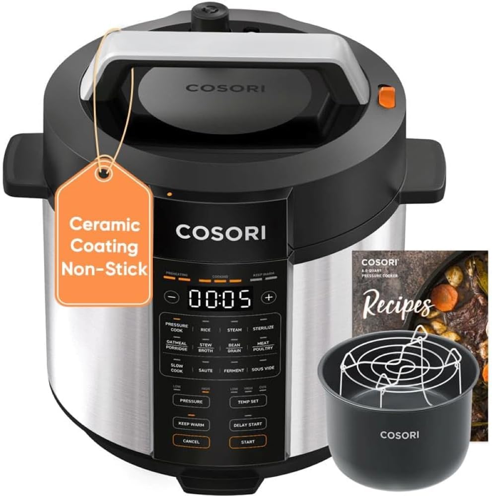 Cosori-Pressure-Cooker-6QT-Stainless-Steel-9-in-1-Multi-Cooker-12.jpg Cosori Pressure Cooker 6QT, Stainless Steel, 9-in-1 Multi Cooker, 12 Safety Features, Ceramic Coating Inner Pot, Rice, Slow Cook, Sous Vide, Saute, 1100W - Image 1