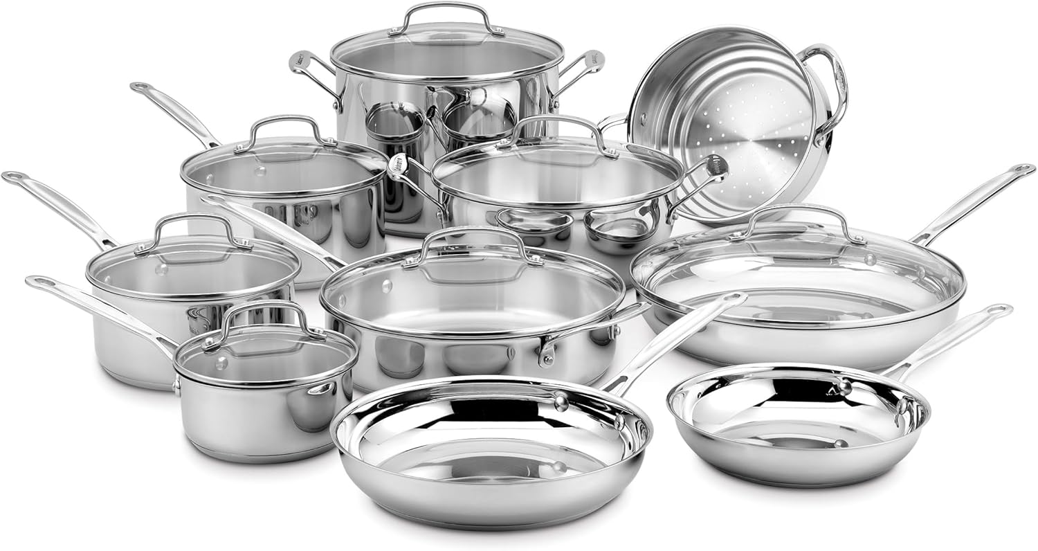 Cuisinart-17-Piece-Stainless-Steel-Cookware-Set-Chefs-Classic-Steel-Collection.jpg Cuisinart 17-Piece Stainless Steel Cookware Set, Chef's Classic Steel Collection with Pure Aluminum Core for Quick and Even Heat, Cool Grip Handles, Dishwasher Safe, 77-17N - Image 1